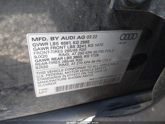 Продаж на аукціоні авто 2022 Audi Q7 Premium Plus 55 Tfsi Quattro Tiptronic, vin: WA1LXBF76ND013175, номер лоту: 45551811
