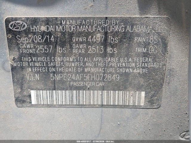 Auction sale of the 2015 Hyundai Sonata Se, vin: 5NPE24AF5FH072849, lot number: 45551817