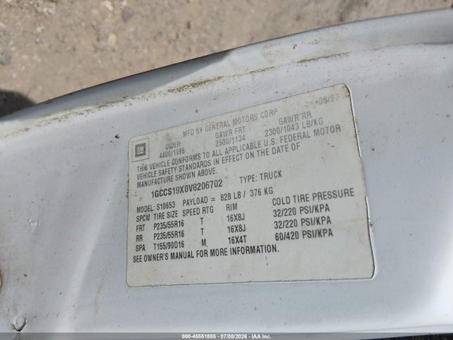 Aukcja sprzedaży 1997 Chevrolet S-10 Ls, vin: 1GCCS19X0V8206702, numer aukcji: 45551855