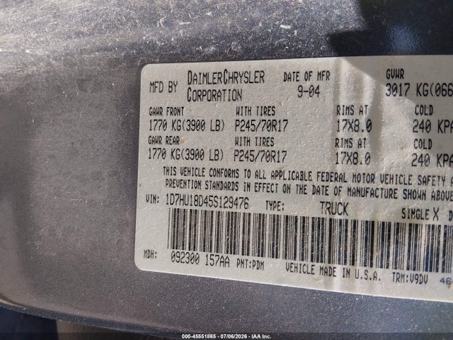 Aukcja sprzedaży 2005 Dodge Ram 1500 Slt/laramie, vin: 1D7HU18D45S129476, numer aukcji: 45551865