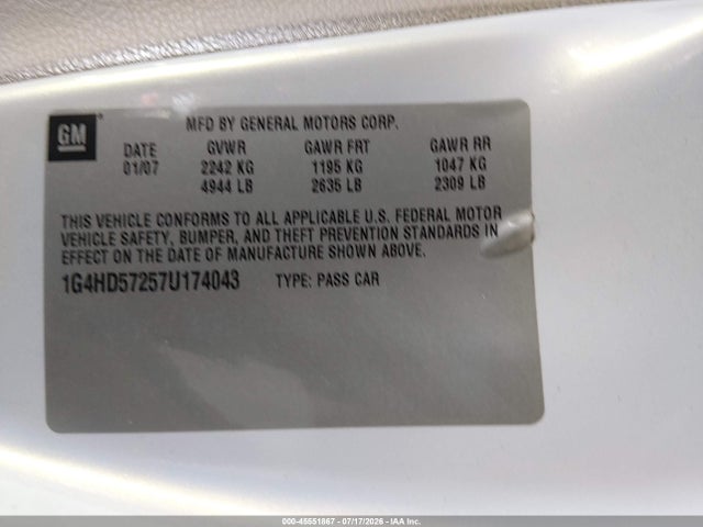Aukcja sprzedaży 2007 Buick Lucerne Cxl, vin: 1G4HD57257U174043, numer aukcji: 45551867