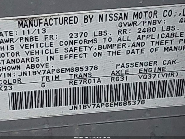 Продажа на аукционе авто 2014 Infiniti Q50 Premium, vin: JN1BV7AP6EM685378, номер лота: 45551868