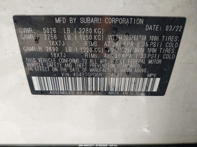 Продаж на аукціоні авто 2022 Subaru Outback Touring Xt, vin: 4S4BTGPD5N3224027, номер лоту: 45551877