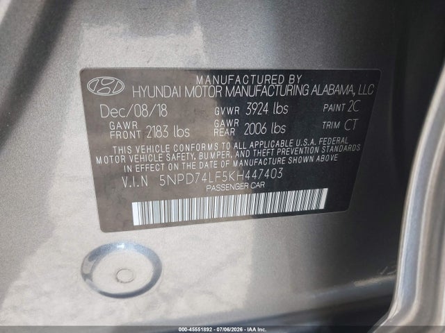 Hyundai ELANTRA SE 2019 5NPD74LF5KH447403 Image 9