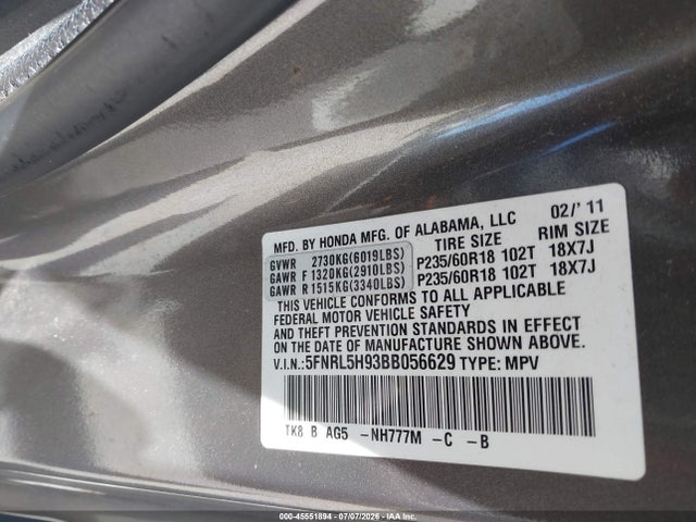 Продажа на аукционе авто 2011 Honda Odyssey Touring/touring Elite, vin: 5FNRL5H93BB056629, номер лота: 45551894