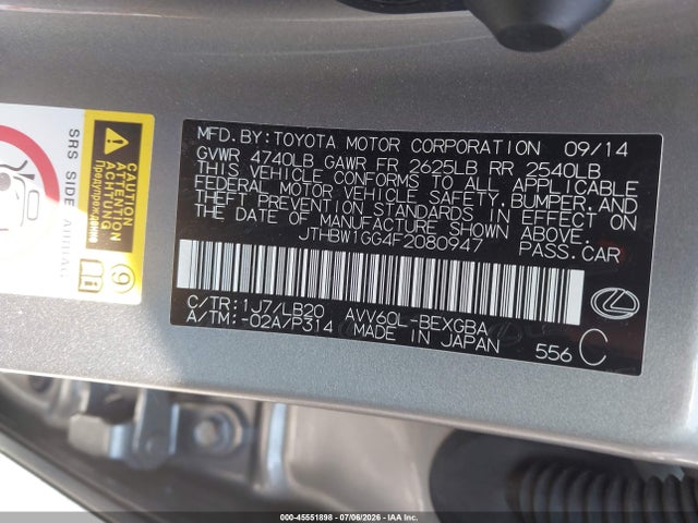 Aukcja sprzedaży 2015 Lexus Es 300h, vin: JTHBW1GG4F2080947, numer aukcji: 45551898