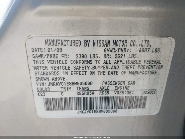 45551903 :رقم المزاد ، JNKAY01E88M605068 vin ، 2008 Infiniti M35 مزاد بيع