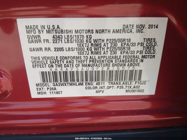 4A4AP3AU9FE016575 Mitsubishi Outlander Sport Es