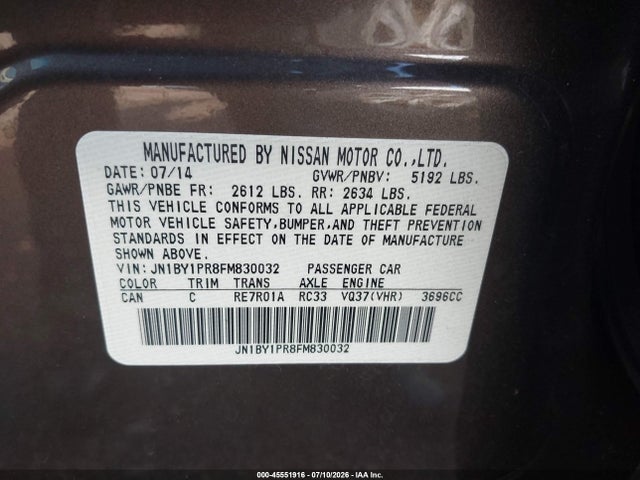 Продаж на аукціоні авто 2015 Infiniti Q70l 3.7x, vin: JN1BY1PR8FM830032, номер лоту: 45551916
