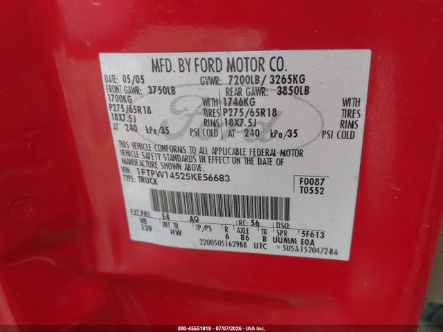 Продаж на аукціоні авто 2005 Ford F-150 Fx4/lariat/xlt, vin: 1FTPW14525KE56683, номер лоту: 45551919