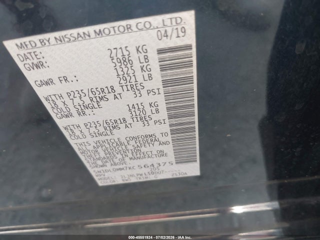 Aukcja sprzedaży 2019 Infiniti Qx60 Pure, vin: 5N1DL0MM7KC564375, numer aukcji: 45551924