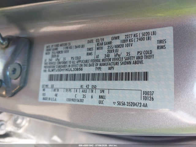 Auction sale of the 2019 Lincoln Mkc Reserve, vin: 5LMTJ3DH1KUL33856, lot number: 45551942