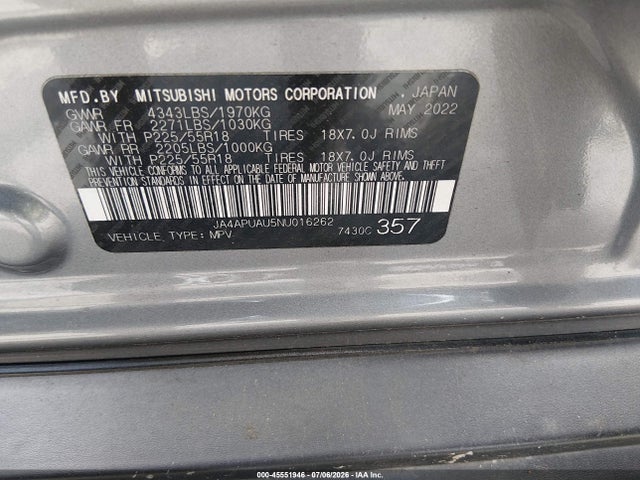 2022 Mitsubishi Outlander Sport 2.0 Le 2wd მანქანა იყიდება აუქციონზე, vin: JA4APUAU5NU016262, აუქციონის ნომერი: 45551946