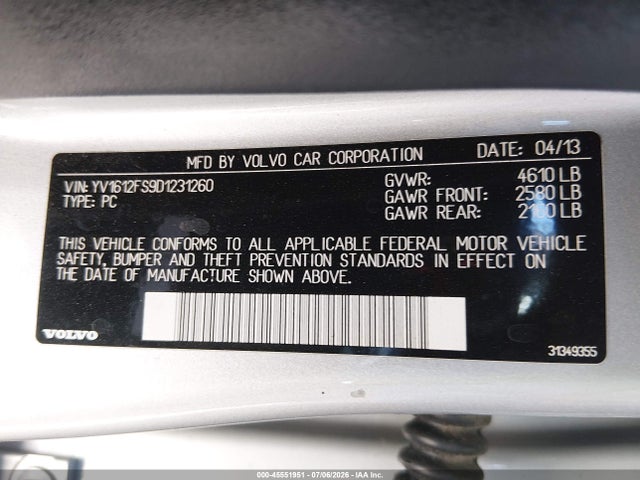 Продаж на аукціоні авто 2013 Volvo S60 T5/t5 Platinum/t5 Premier/t5 Premier Plus, vin: YV1612FS9D1231260, номер лоту: 45551951
