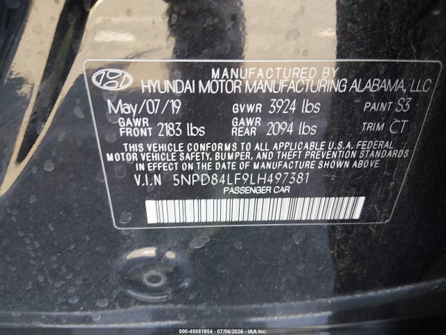 45551954 :رقم المزاد ، 5NPD84LF9LH497381 vin ، 2020 Hyundai Elantra Sel مزاد بيع