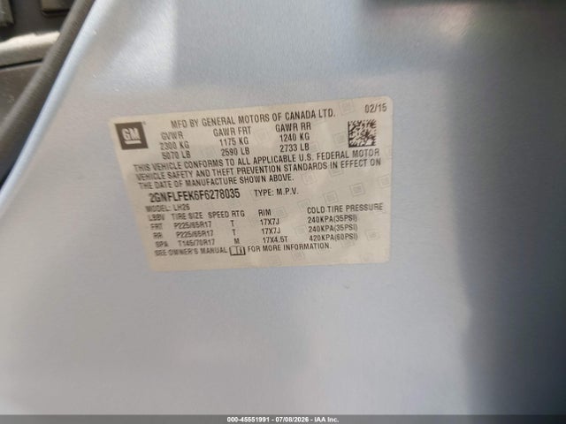 Продаж на аукціоні авто 2015 Chevrolet Equinox Lt, vin: 2GNFLFEK6F6278035, номер лоту: 45551991
