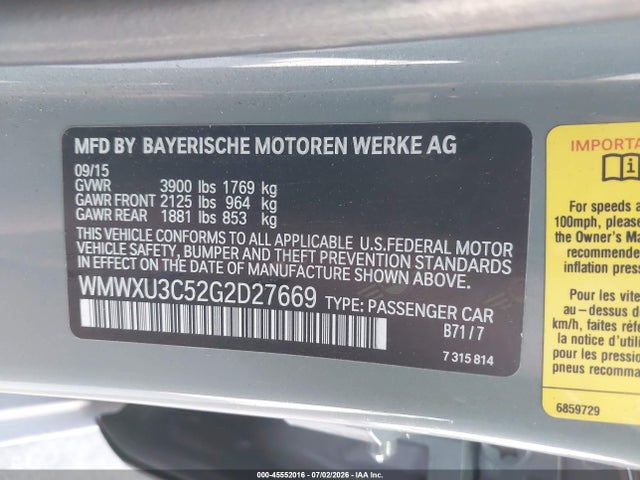 Aukcja sprzedaży 2016 Mini Hardtop Cooper S, vin: WMWXU3C52G2D27669, numer aukcji: 45552016