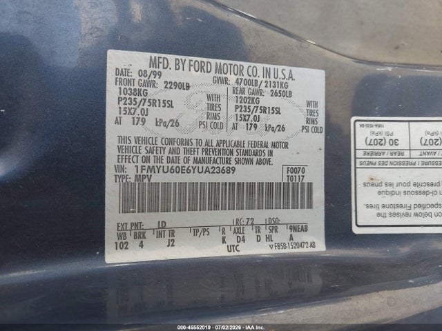 Auction sale of the 2000 Ford Explorer Sport, vin: 1FMYU60E6YUA23689, lot number: 45552019