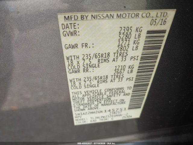 Nissan MURANO S 2016 5N1AZ2MH2GN145751 Image 9