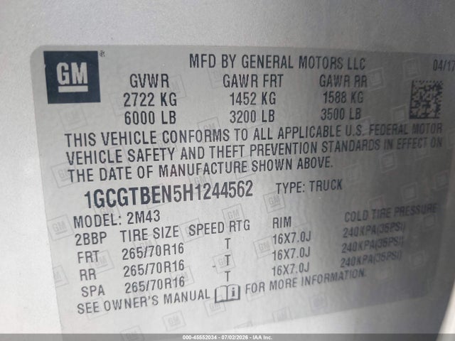 1GCGTBEN5H1244562 Chevrolet Colorado 4wd Wt