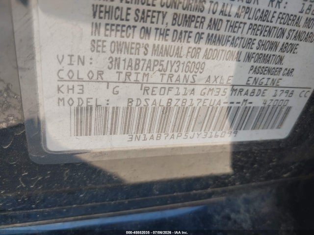 Auction sale of the 2018 Nissan Sentra S, vin: 3N1AB7AP5JY316099, lot number: 45552035