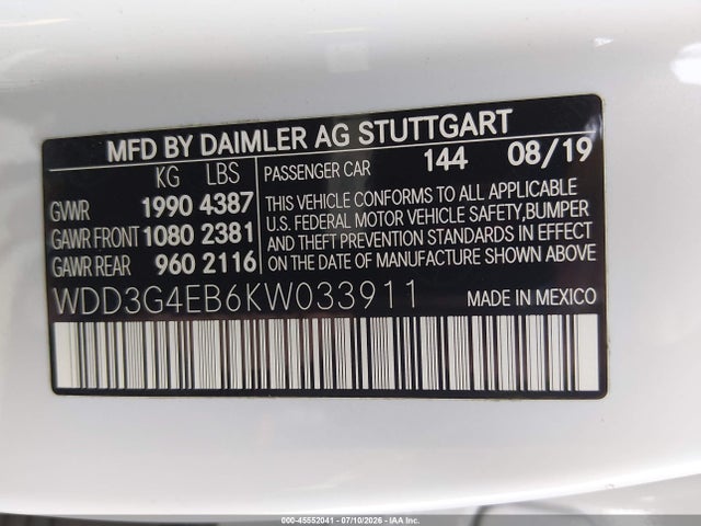 WDD3G4EB6KW033911 Mercedes-Benz A 220