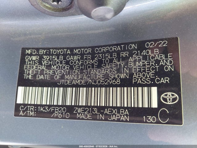JTDEAMDE7NJ052968 Toyota Corolla Hybrid Le