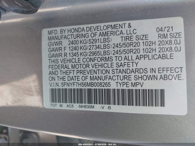 5FNYF7H56MB008265 Honda Passport 2wd Ex-l