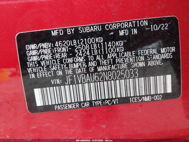 45552054 :رقم المزاد ، JF1VBAU62N8025033 vin ، 2022 Subaru Wrx Gt مزاد بيع