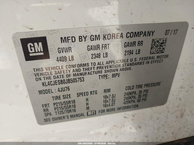 Aukcja sprzedaży 2018 Buick Encore Preferred, vin: KL4CJESB0JB505753, numer aukcji: 45552056