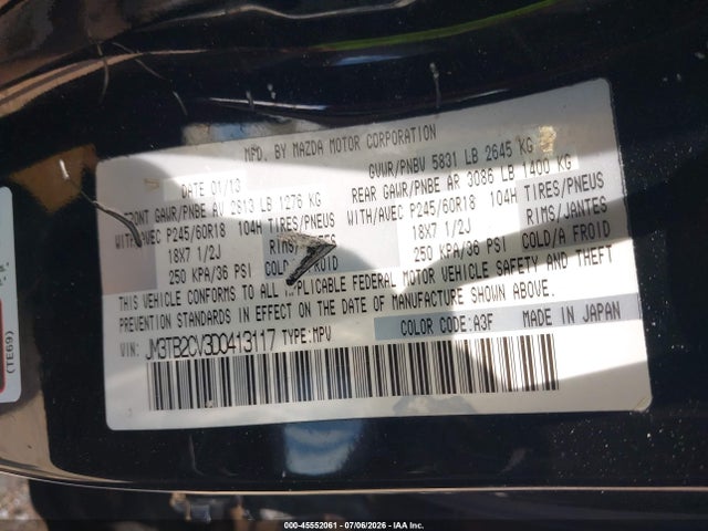 2013 Mazda Cx-9 Touring მანქანა იყიდება აუქციონზე, vin: JM3TB2CV3D0413117, აუქციონის ნომერი: 45552061