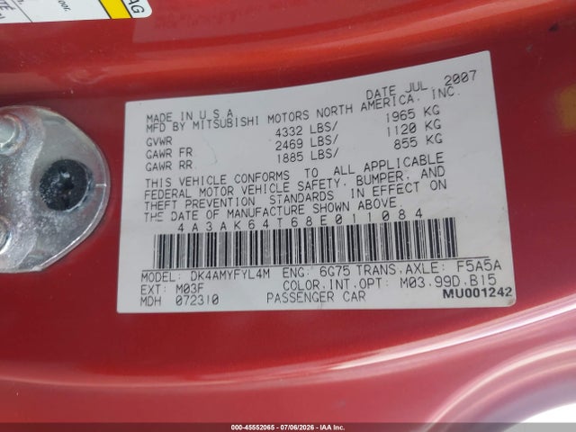2008 Mitsubishi Eclipse Se V6 მანქანა იყიდება აუქციონზე, vin: 4A3AK64T68E011084, აუქციონის ნომერი: 45552065