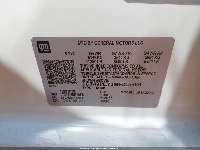 2021 Gmc Sierra 2500hd 4wd  Standard Bed At4 მანქანა იყიდება აუქციონზე, vin: 1GT49PEY3MF315389, აუქციონის ნომერი: 45552086