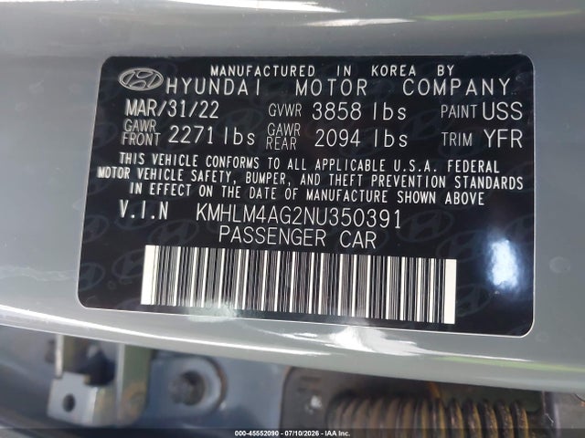 KMHLM4AG2NU350391 Hyundai ELANTRA SEL