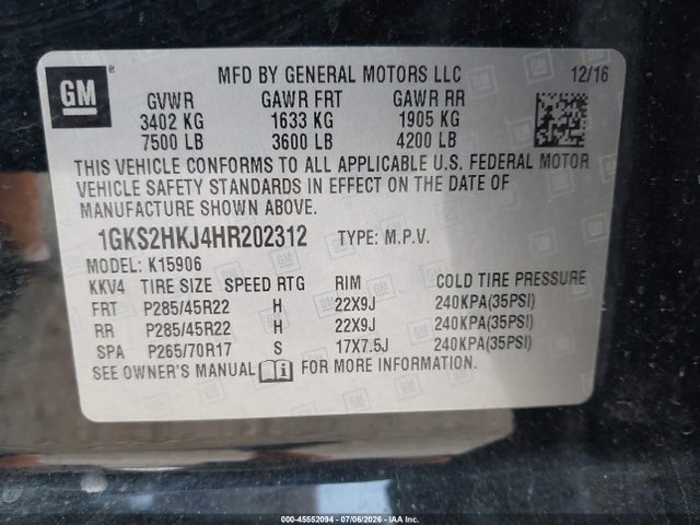 45552094 :رقم المزاد ، 1GKS2HKJ4HR202312 vin ، 2017 Gmc Yukon Xl Denali مزاد بيع