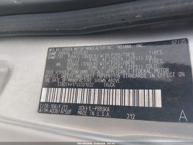 Aukcja sprzedaży 2005 Toyota Tundra Sr5 V8, vin: 5TBDT44175S501032, numer aukcji: 45552096