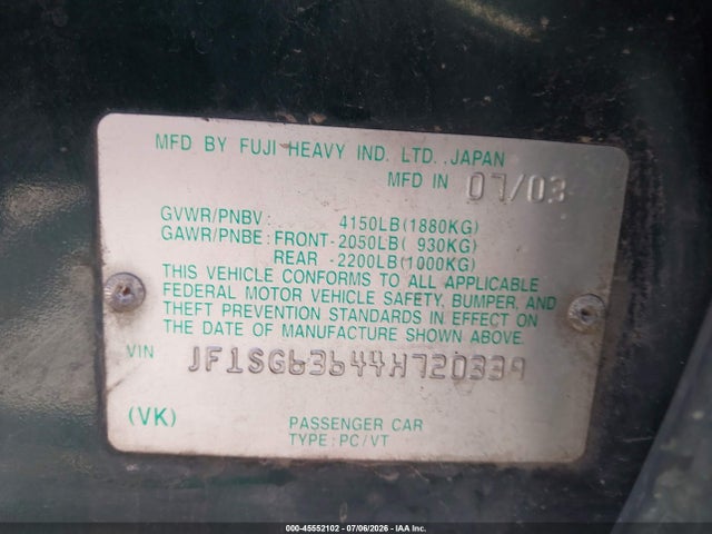 45552102 :رقم المزاد ، JF1SG63644H720339 vin ، 2004 Subaru Forester 2.5x مزاد بيع