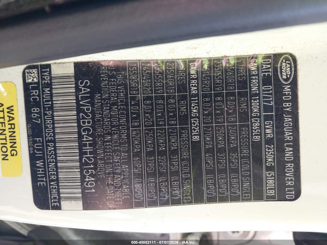 Продажа на аукционе авто 2017 Land Rover Range Rover Evoque Se/se Premium, vin: SALVP2BG4HH215491, номер лота: 45552111