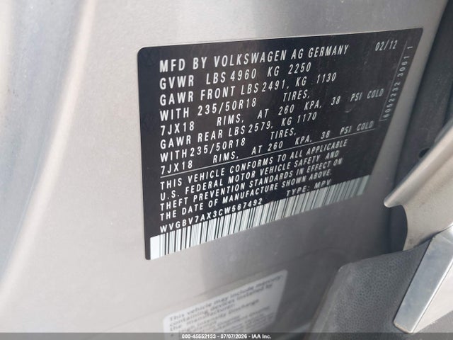 Продажа на аукционе авто 2012 Volkswagen Tiguan Se, vin: WVGBV7AX3CW567492, номер лота: 45552133