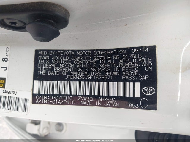 Aukcja sprzedaży 2015 Toyota Prius Three, vin: JTDKN3DU9F1878571, numer aukcji: 45552175