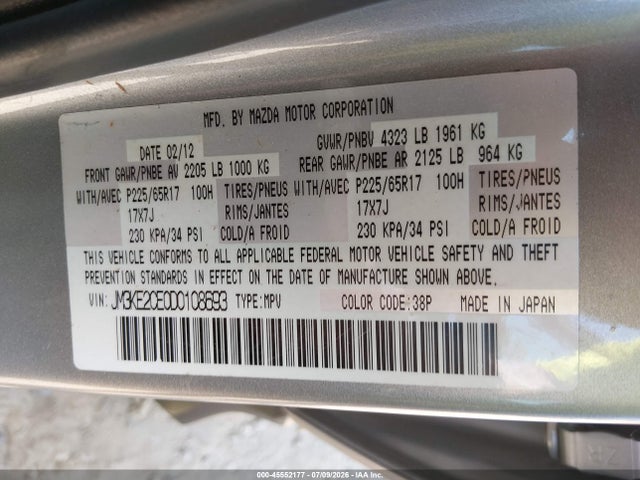 45552177 :رقم المزاد ، JM3KE2CE0D0108693 vin ، 2013 Mazda Cx-5 Touring مزاد بيع