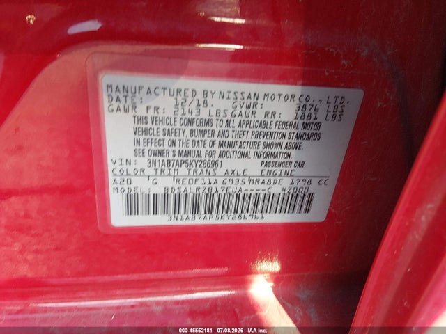 Nissan SENTRA SR 2019 3N1AB7AP5KY286961 Image 9