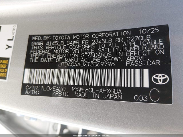 45552185 :رقم المزاد ، JTDACAAUXT3069798 vin ، 2026 Toyota Prius Xle مزاد بيع