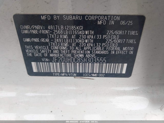 45552202 :رقم المزاد ، JF2GUHDC8SH303555 vin ، 2025 Subaru Crosstrek Premium مزاد بيع