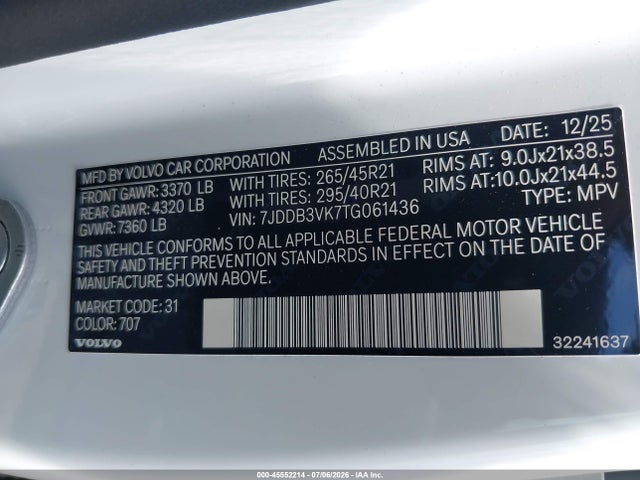 Продаж на аукціоні авто 2026 Volvo Ex90, vin: 7JDDB3VK7TG061436, номер лоту: 45552214