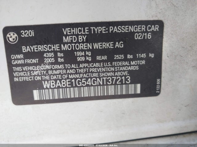 45552223 :رقم المزاد ، WBA8E1G54GNT37213 vin ، 2016 Bmw 320i مزاد بيع