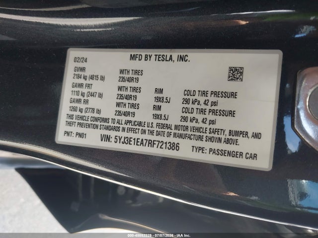 45552229 :رقم المزاد ، 5YJ3E1EA7RF721386 vin ، 2024 Tesla Model 3 Long Range Dual Motor All-wheel Drive/rear-wheel Drive مزاد بيع