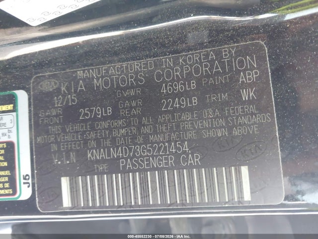 45552230 :رقم المزاد ، KNALN4D73G5221454 vin ، 2016 Kia Cadenza مزاد بيع