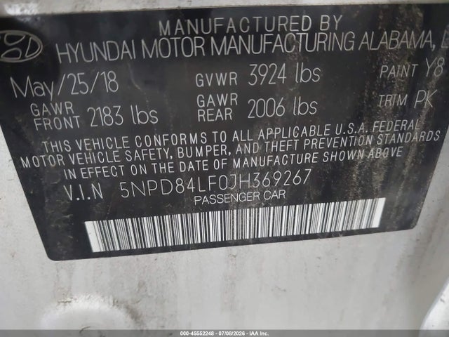 Продаж на аукціоні авто 2018 Hyundai Elantra Sel, vin: 5NPD84LF0JH369267, номер лоту: 45552248
