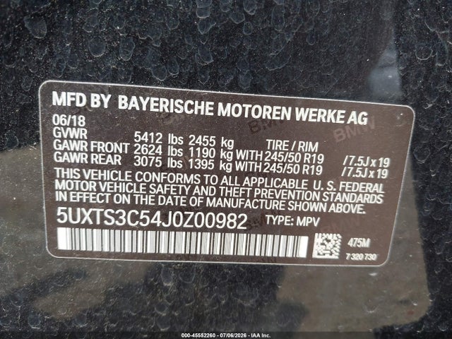 Aukcja sprzedaży 2018 Bmw X3 M40i, vin: 5UXTS3C54J0Z00982, numer aukcji: 45552260